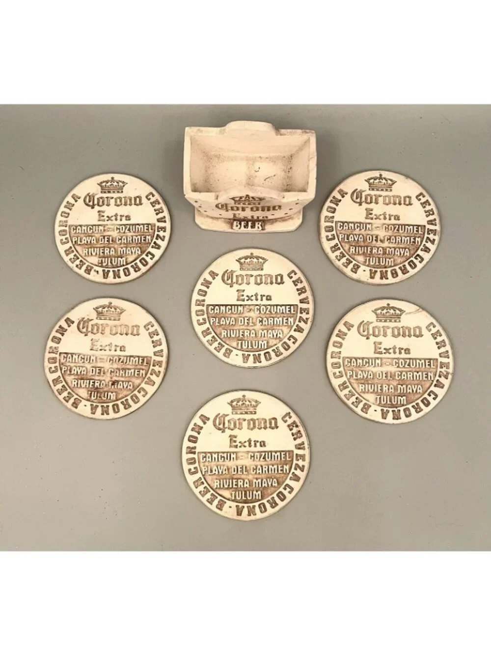 Corona Extra Beer Stoneware Coasters w/ Holder Rustic Barware Ceramic Mexico